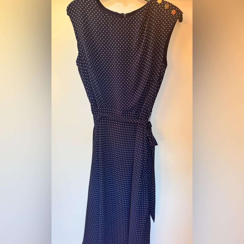 Lauren Ralph Lauren Polka Dot Dress Gold Button Shoulder Navy Size 6